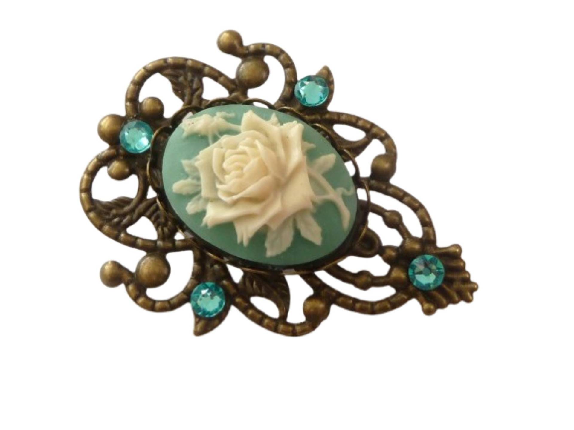 Edle Brosche in Tropfenform Mit Rose Kamee Türkis Bronzefarben Schal Dekolletéschmuck Geburtstag Geschenk Frau von Schmucktruhe