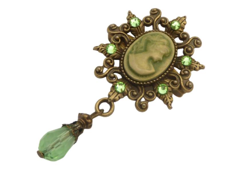 Edle Kamee Brosche Im Barock Stil Grün Bronzefarben Dekollete Schmuck Taschenschmuck Für Jacken Pullover Revers von Schmucktruhe