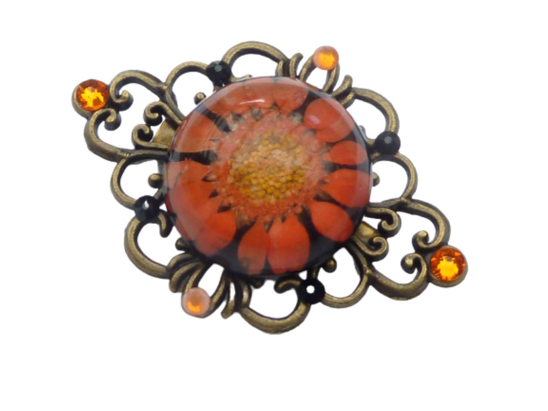 Edle Unikat Brosche Mit Echter Blüte Orange Bronzefarben Natur Schmuck Schal Taschenschmuck Geschenkidee Frau von Schmucktruhe