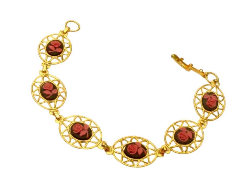 Edles Gliederarmband Goldfarben Mit Rosen Kameen in Rot Schwarz Unikat Schmuck Geschenkidee Frau Freundin von Schmucktruhe