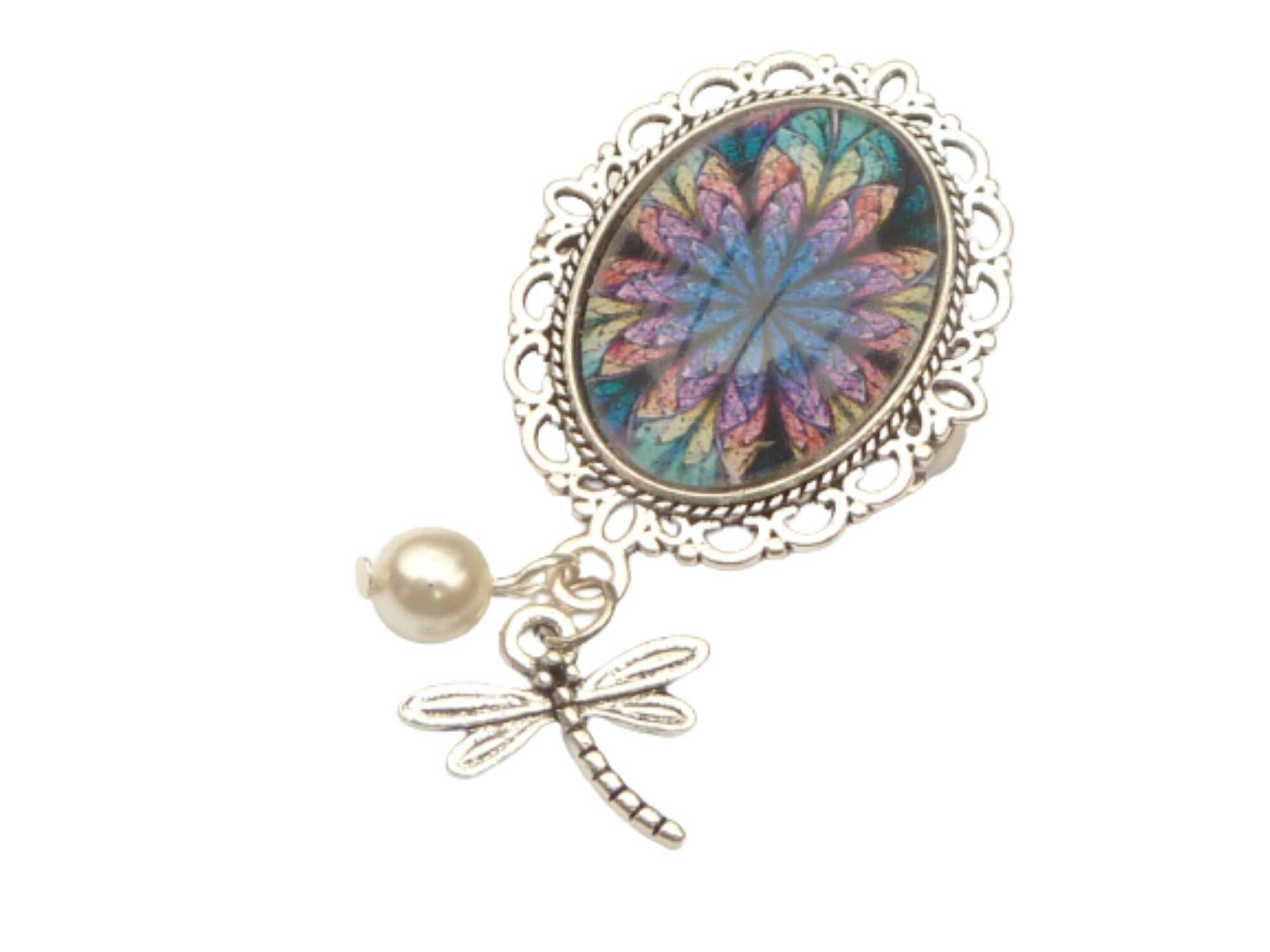 Elegante Brosche Mit Filigranem Blatt Blumen Motiv Bunt Silberfarben Libelle Und Perle Revers Schmuck Hut Brautstrauß von Schmucktruhe