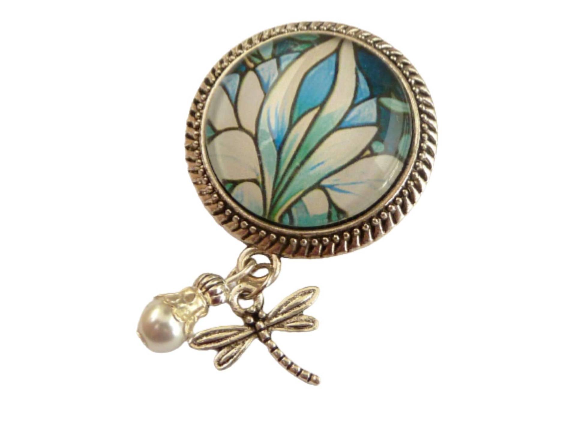 Elegante Brosche Mit Jugendstil Blüte Blau Silberfarben Perle Libelle Dekollete Schmuck Schal Geschenkidee Frau von Schmucktruhe