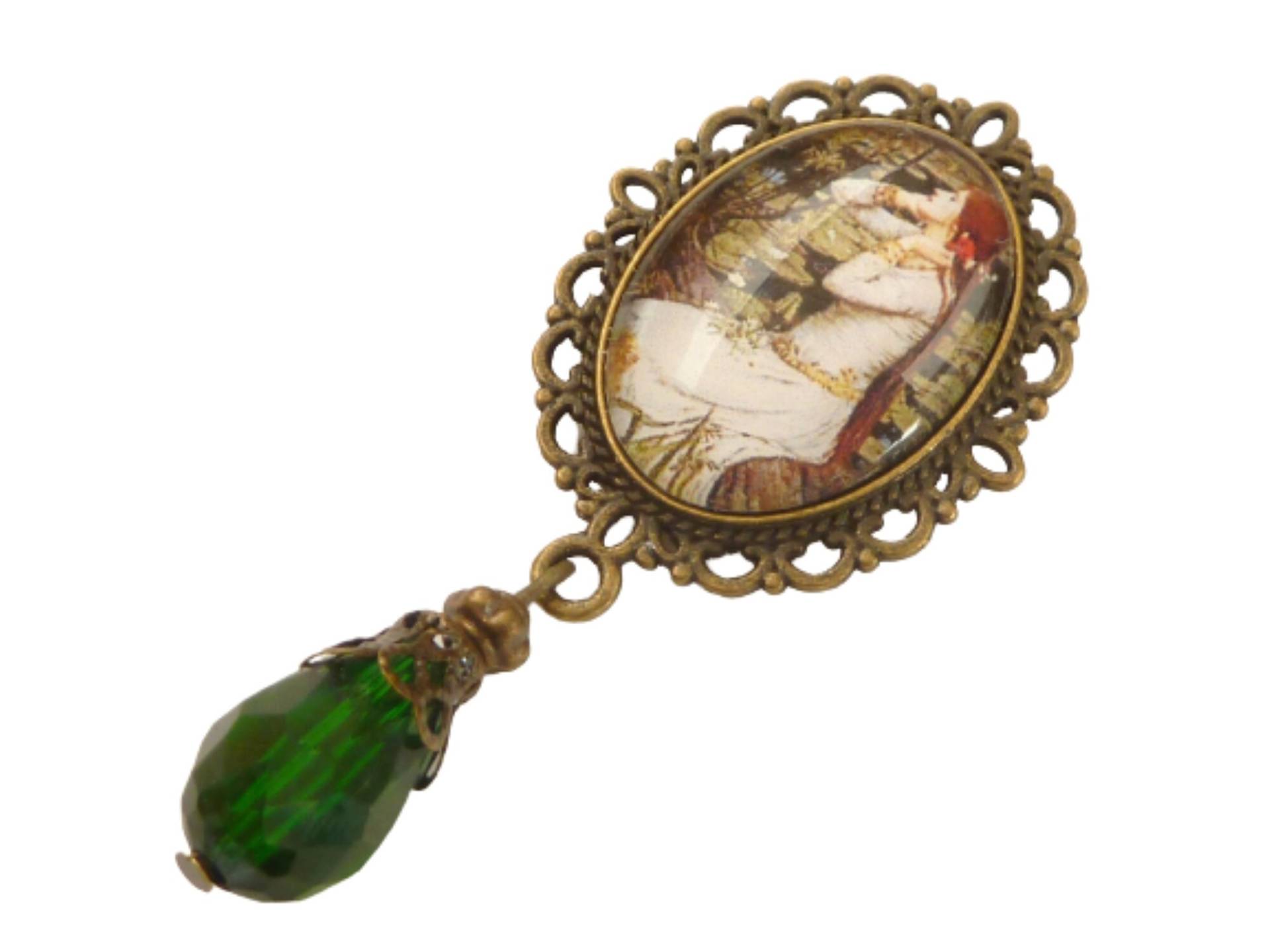 Elegante Brosche Mit Jugendstil Dame Grün Bronzefarben Dekollete Schmuck Taschen Hut Braut Buquet von Schmucktruhe