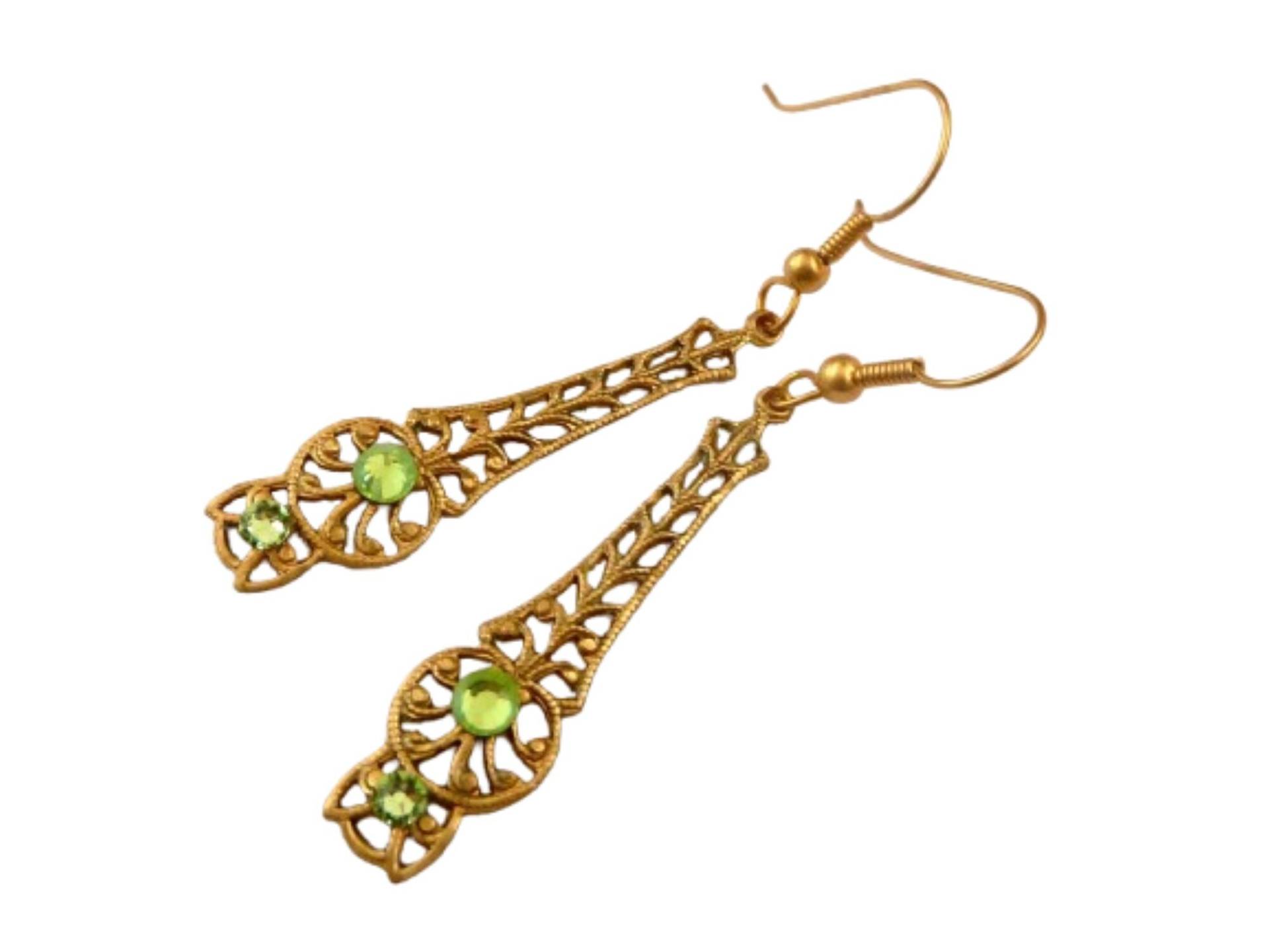 Exklusive Filigrane Ohrringe Antik Goldfarben Jugendstil Design Oxidierte Messing Ornamente Mit Grünen Kristallen Exklusive Filigrane Ohrringe Antik Goldfarben Jugendstil Design Oxidierte Messing Ornamente Mit Grünen Kristallen von Schmucktruhe
