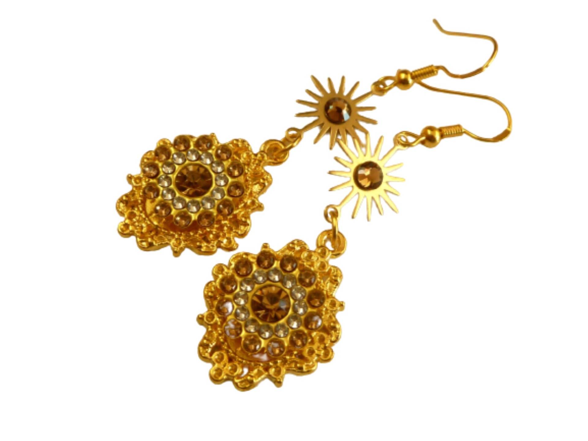 Extravagante Lange Ohrringe Hellbraun Klar Gold Strass Schmuck Sonne Vergoldet Festlich Geschenkidee Frau Freundin von Schmucktruhe