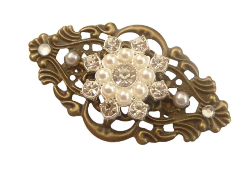 Festliche Brosche Mit Perlen Und Strass Applikation Weiß Klar Bronzefarben Dekolletéschmuck Reversschmuck Taschenschmuck Geschenk Freundin von Schmucktruhe