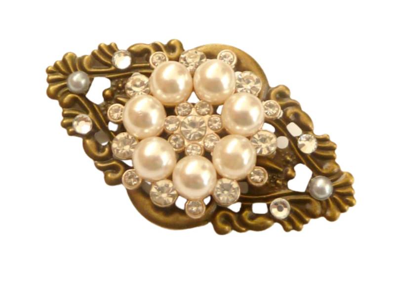 Festliche Perlen Brosche Mit Klarem Strass Bronzefarben Accessoire Für Revers Jacken Etuis Taschen Schals Kleidung Hüte von Schmucktruhe