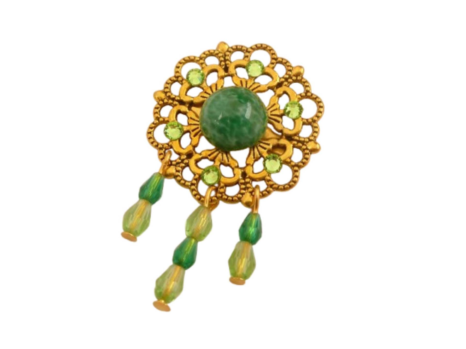 Filigrane Brosche Goldfarben Mit Grünem Schmuckstein Und Glasschliffperlen Taschenschmuck Geschenkidee Valentinstag Frau Freundin Filigrane Brosche Goldfarben Mit Grünem Schmuckstein Und Glasschliffperlen Taschenschmuck Geschenkidee Valentinstag Frau Freundin von Schmucktruhe
