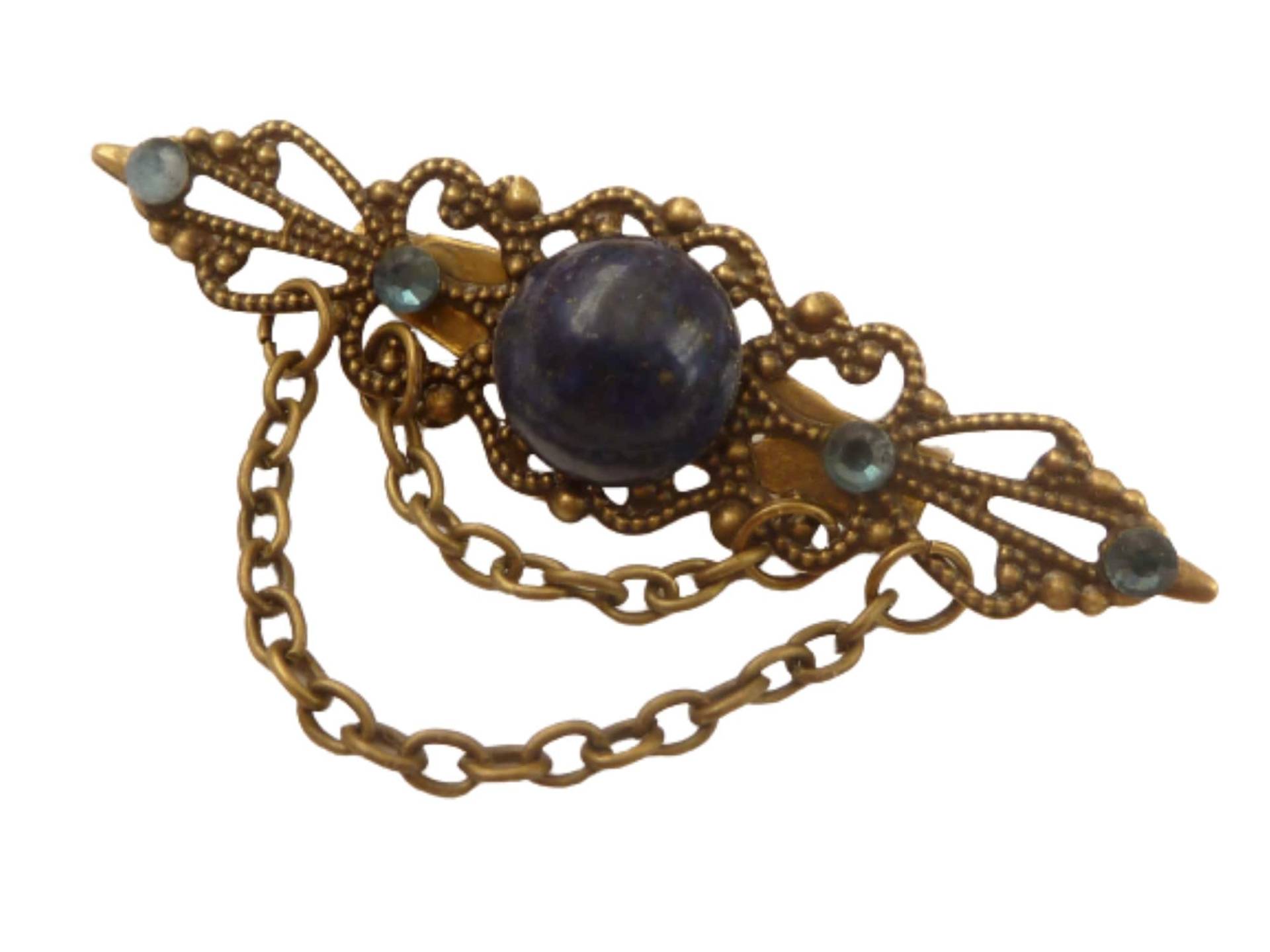 Filigrane Edelstein Brosche Mit Lapislazuli Cabochon Dunkelblau Bronze Reversschmuck Taschenschmuck Geschenk Freundin von Schmucktruhe