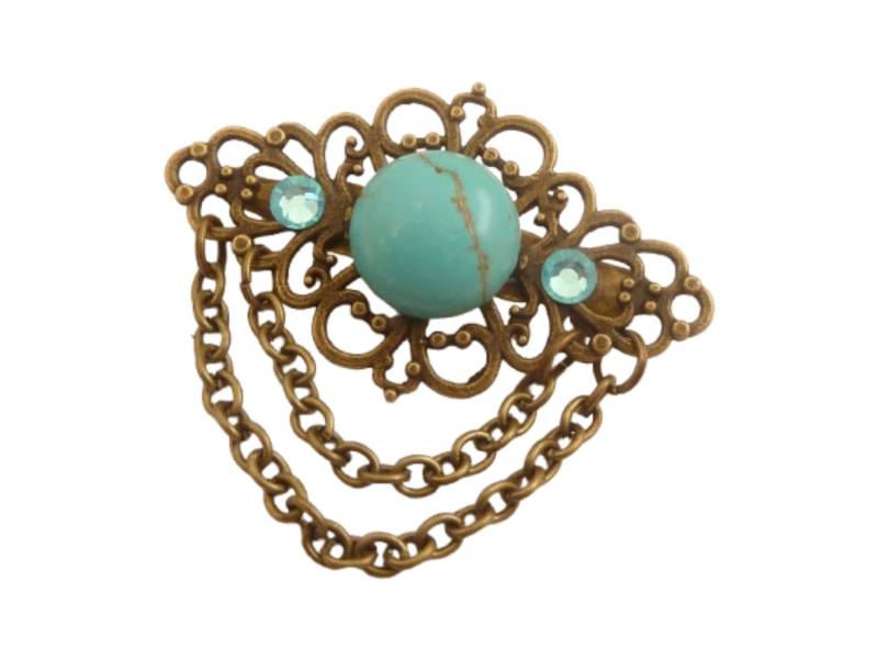 Filigrane Edelstein Brosche Mit Türkis Cabochon Bronzefarben Schal Dekolletéschmuck Reversschmuck Geschenk Valentinstag von Schmucktruhe