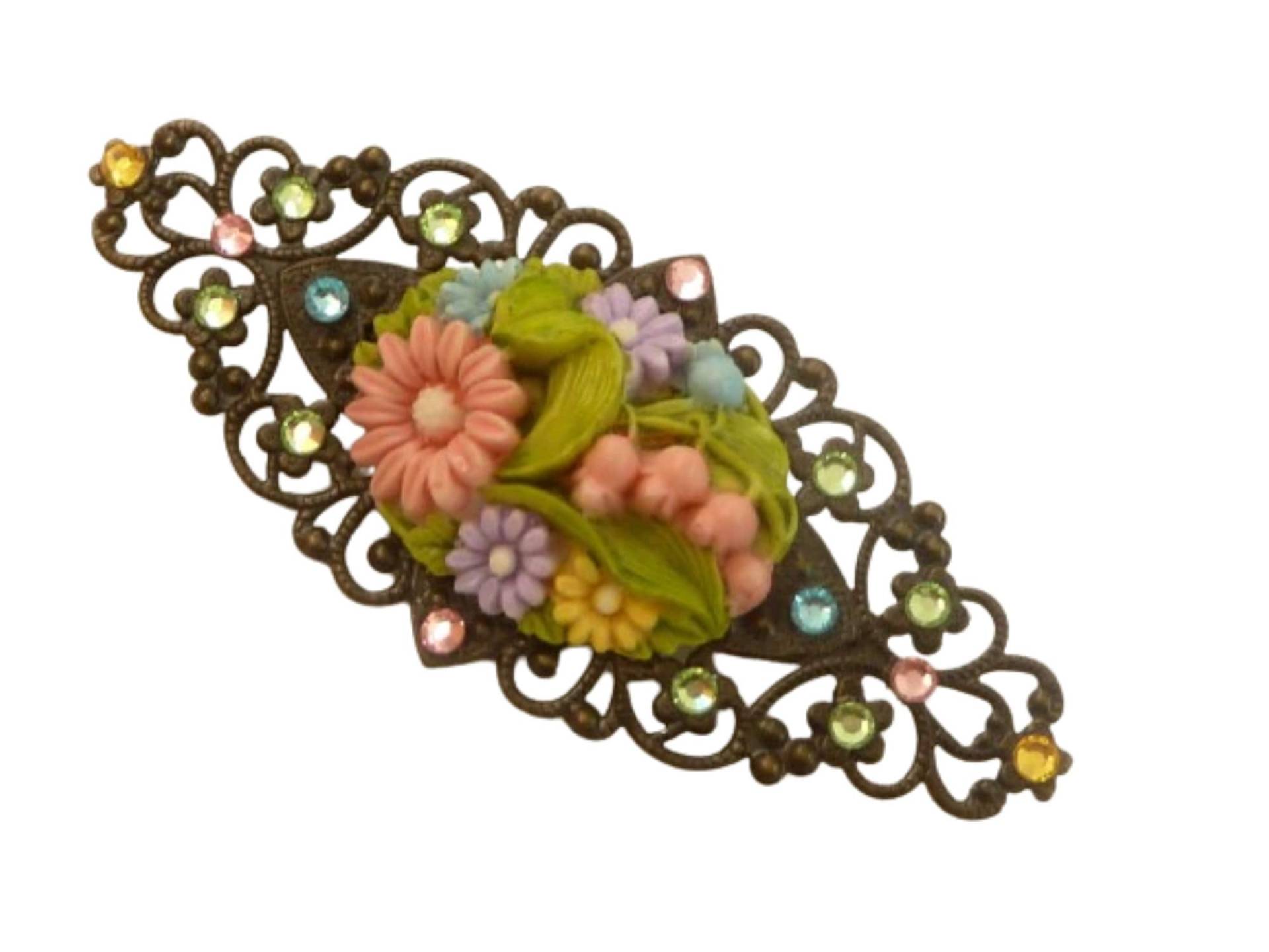 Große Brosche Mit Blüten Kamee Bunt Bronzefarben Schmuck Für Viele Gelegenheiten Geschenkidee Frau Freundin Taschenschmuck von Schmucktruhe