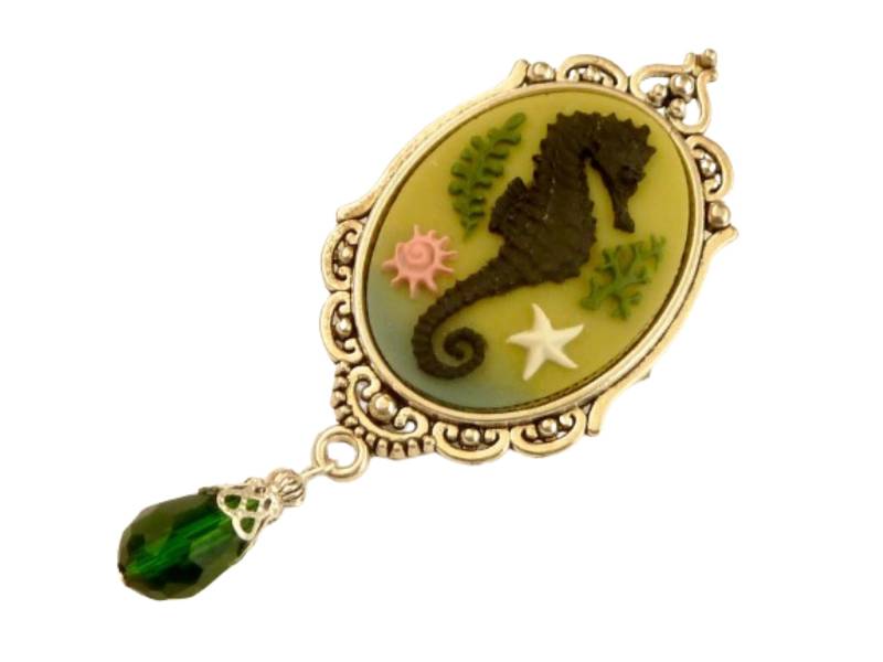 Große Brosche Mit Seepferdchen Kamee Bunt Silberfarben Maritimer Schmuck Dekollete Hut Tasche von Schmucktruhe