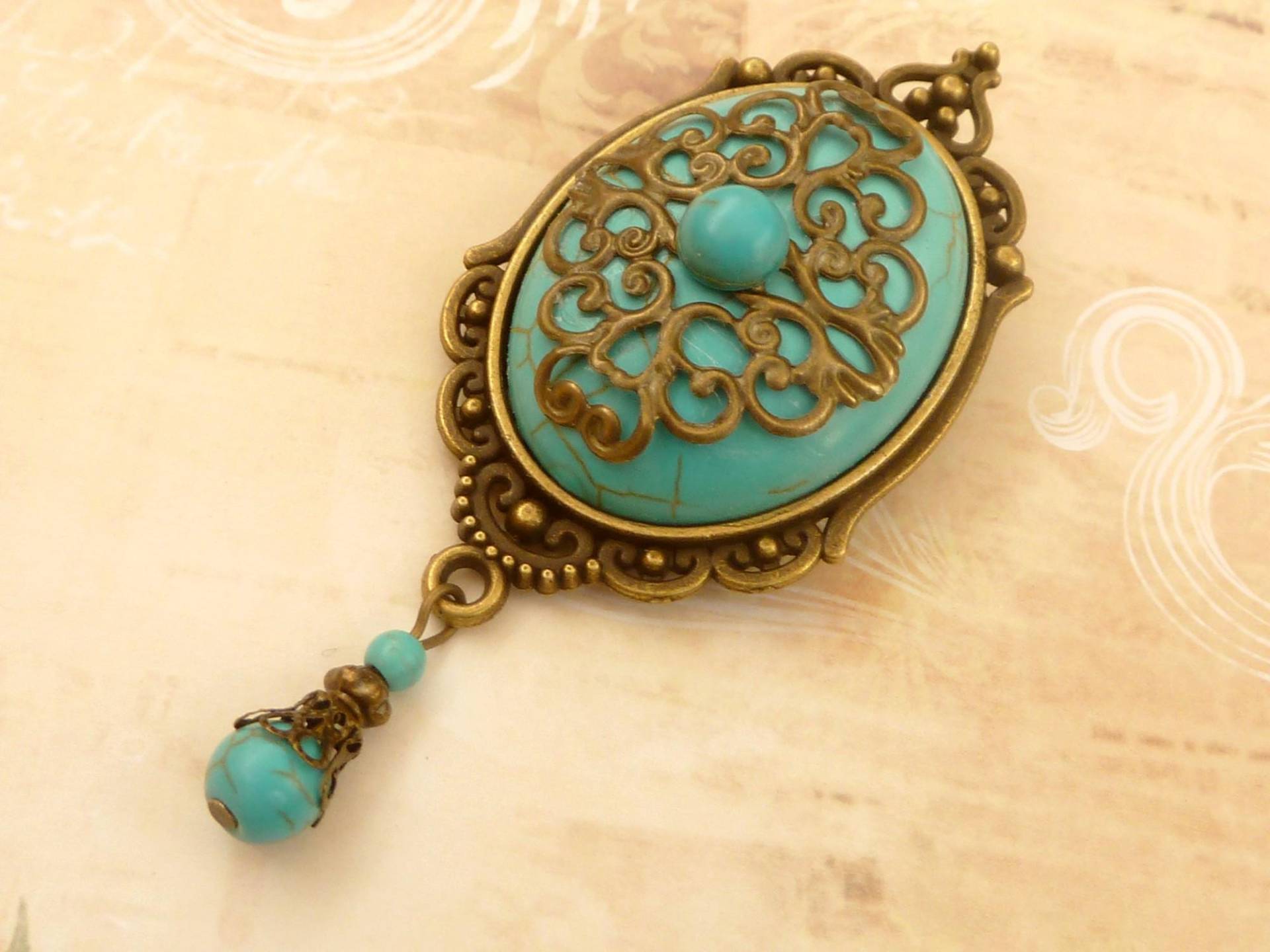 Große Edelstein Brosche Mit Türkis Cabochon, Unikat Schmuck, Dekolletéschmuck, Reversschmuck, Schal Brosche, Geschenkidee Frau Freundin von Schmucktruhe
