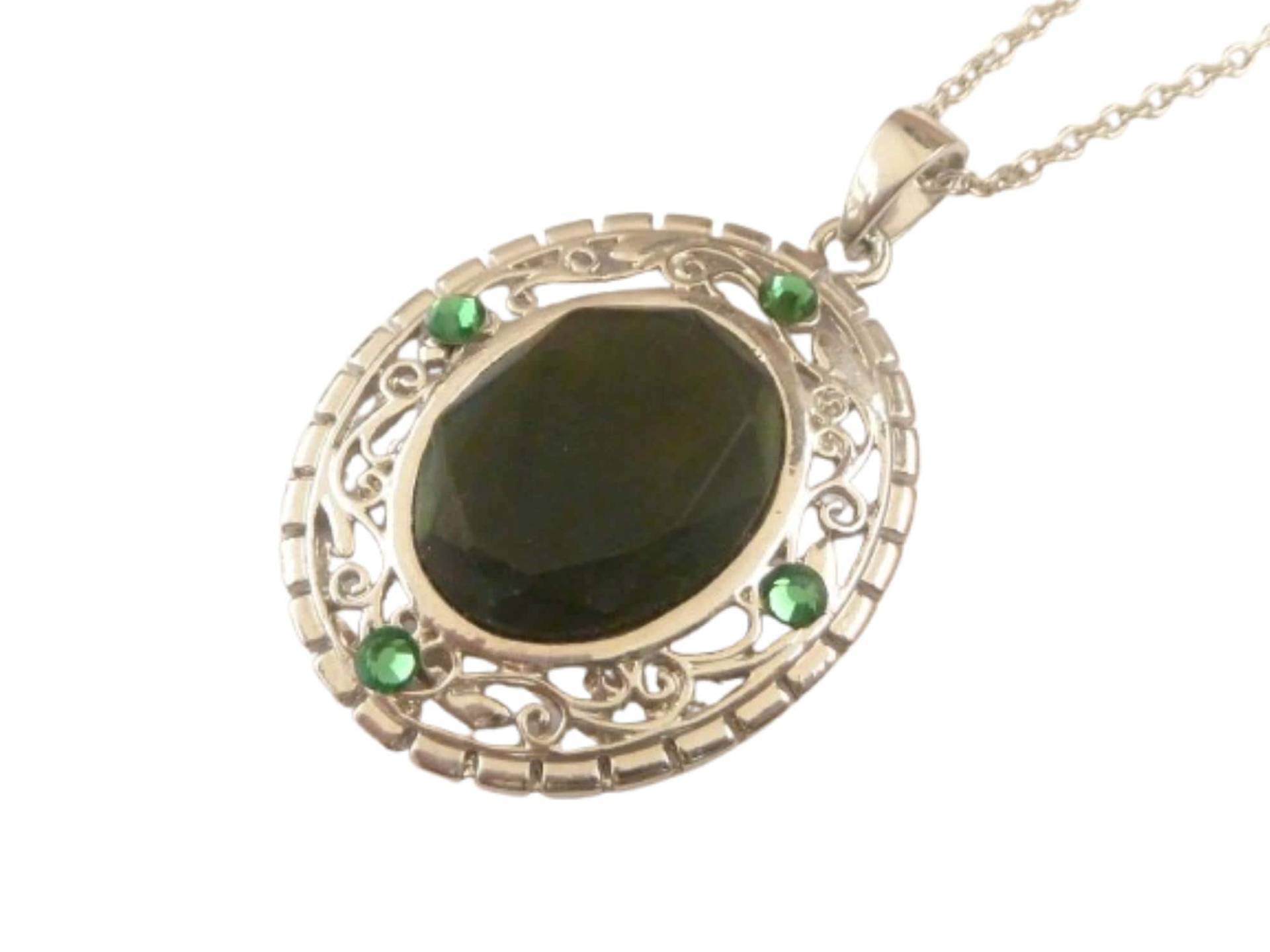 Große Halskette Mit Glasschmuckstein Dunkelgrün Silberfarben Edle Verschnörkelungen Schmuck Für Jeden Tag Weihnachtsgeschenk Frau von Schmucktruhe