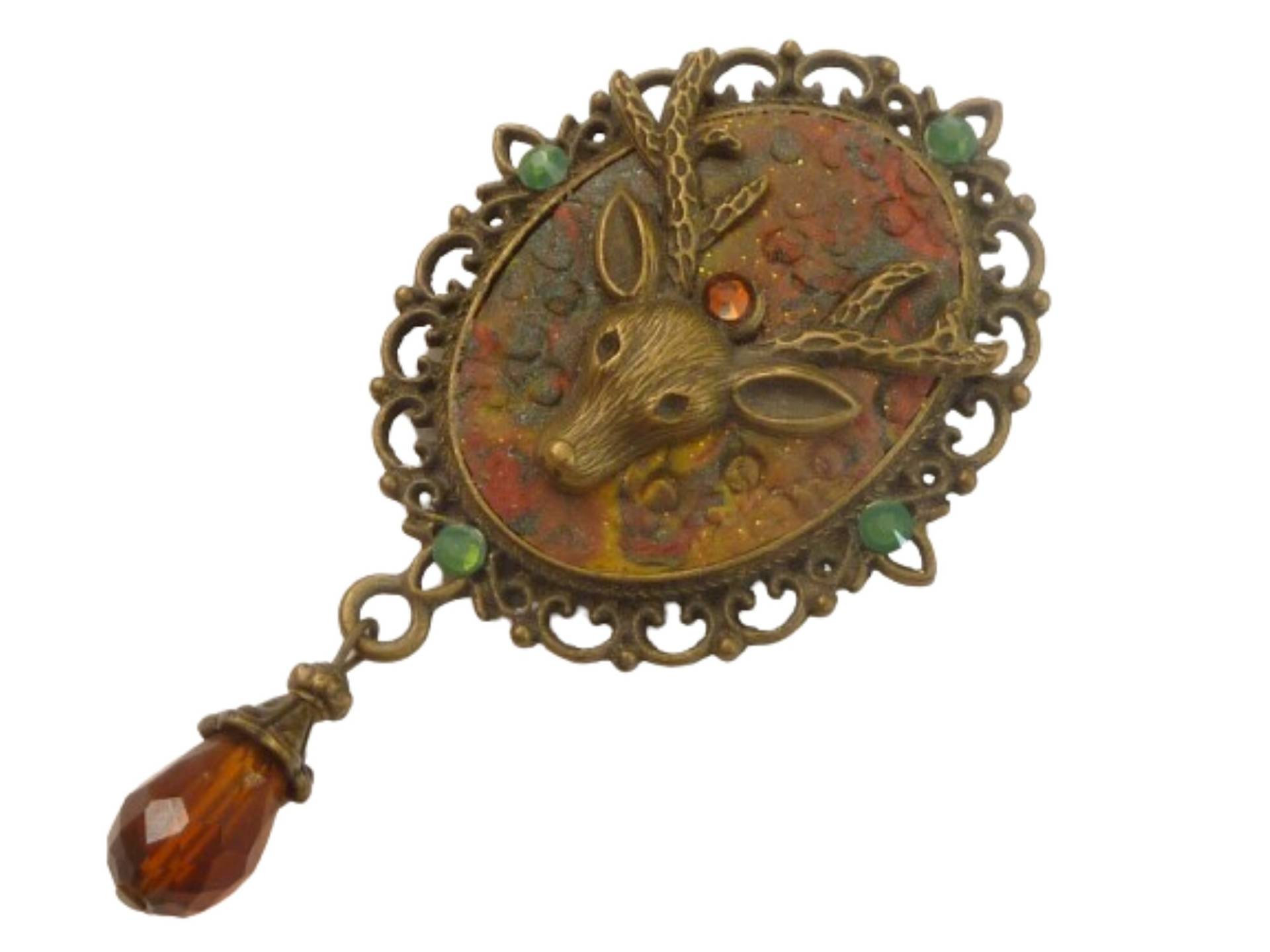 Große Hirsch Brosche Braun Grün Bronze Modelliermasse Unikat Schmuck Geschenkidee Jägerin Frau Freundin von Schmucktruhe
