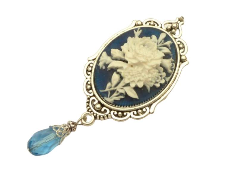 Große Kamee Brosche Mit Blumenstrauß Dunkelblau Silberfarben Dekollete Schmuck Revers Taschenschmuck Geschenkidee von Schmucktruhe
