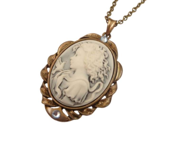 Große Kamee Halskette Mit Mädchen Und Taube Blau Antikgoldfarben Unikat Schmuck Geschenkidee Frau Freundin von Schmucktruhe
