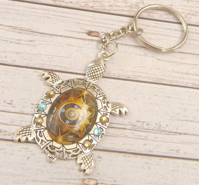 Großer Schlüsselanhänger Mit Schildkröte Ornament Und Steampunk Motiv Braun Türkis Silberfarben Geschenkidee Beste Freundin von Schmucktruhe