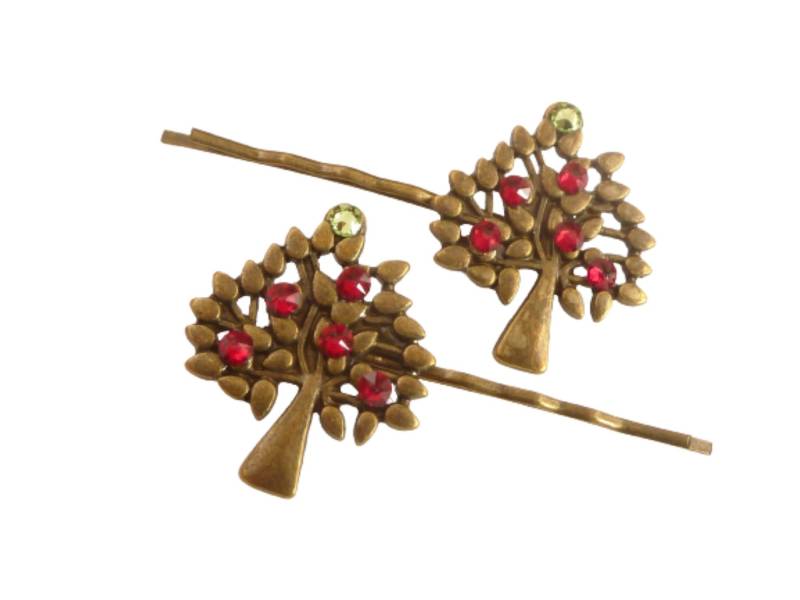 Haarspangen Im 2Er Set Mit Apfelbäumchen Motiv Bronzefarben Bunte Kristalle Geschenkidee Mädchen von Schmucktruhe