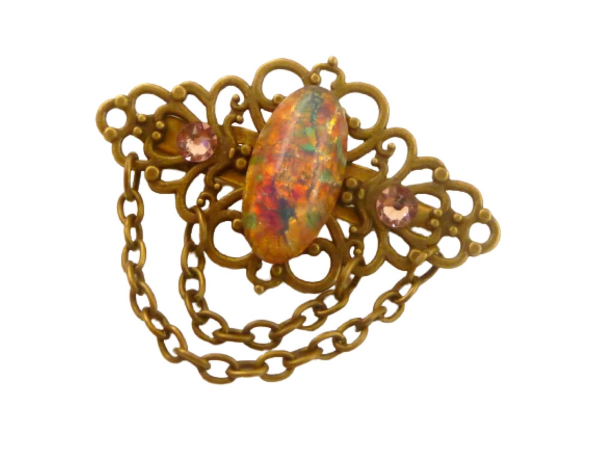 Kleine Brosche Filigran Bronzefarben Unikat Schmuck Irisierender Schmuckstein Dekolleteschmuck Hut Reversschmuck von Schmucktruhe