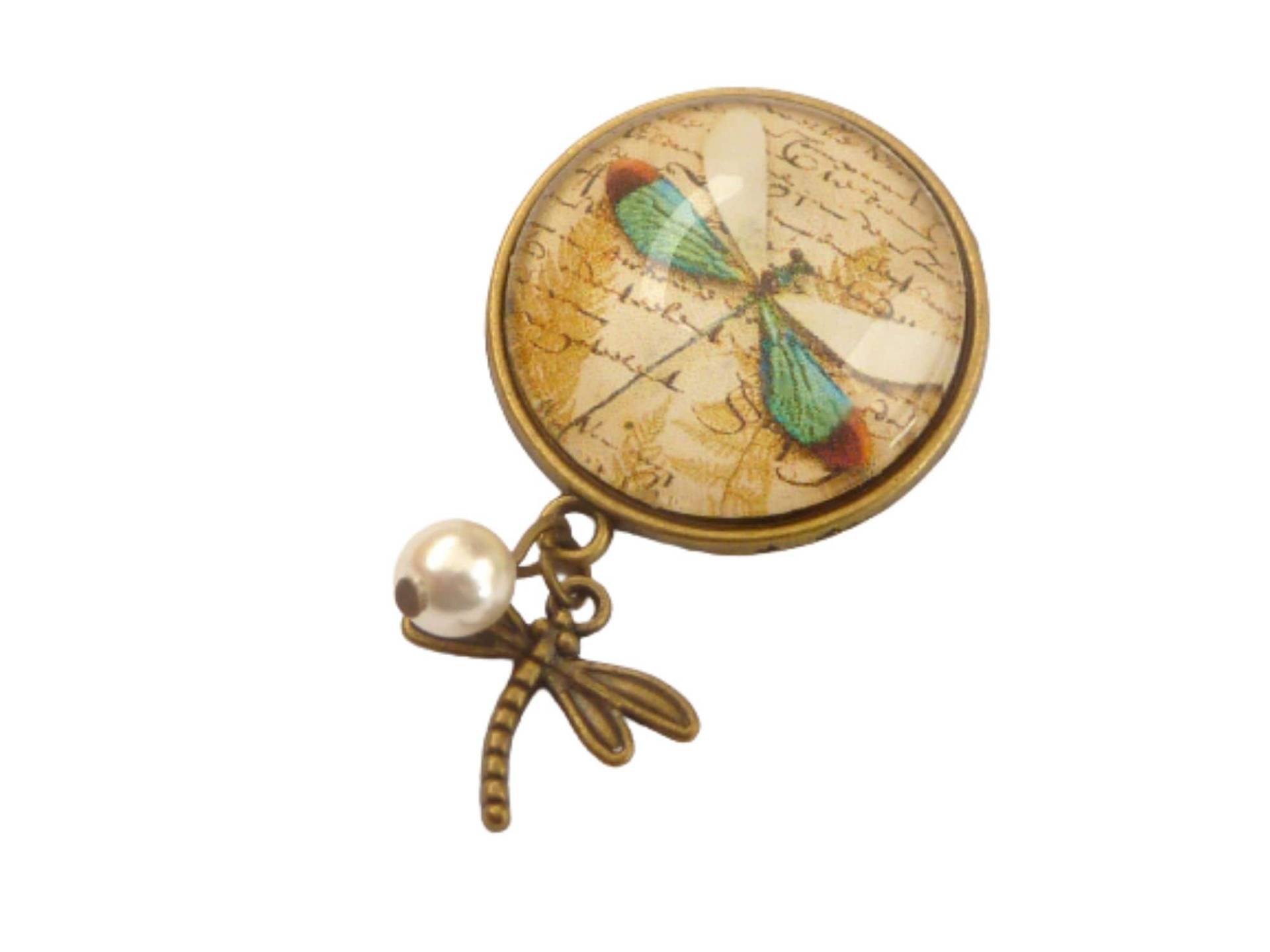 Runde Brosche Mit Libelle Grün Bronzefarben Sommer Accessoire Cabochonschmuck Hut Taschenschmuck Dekolleteschmuck von Schmucktruhe