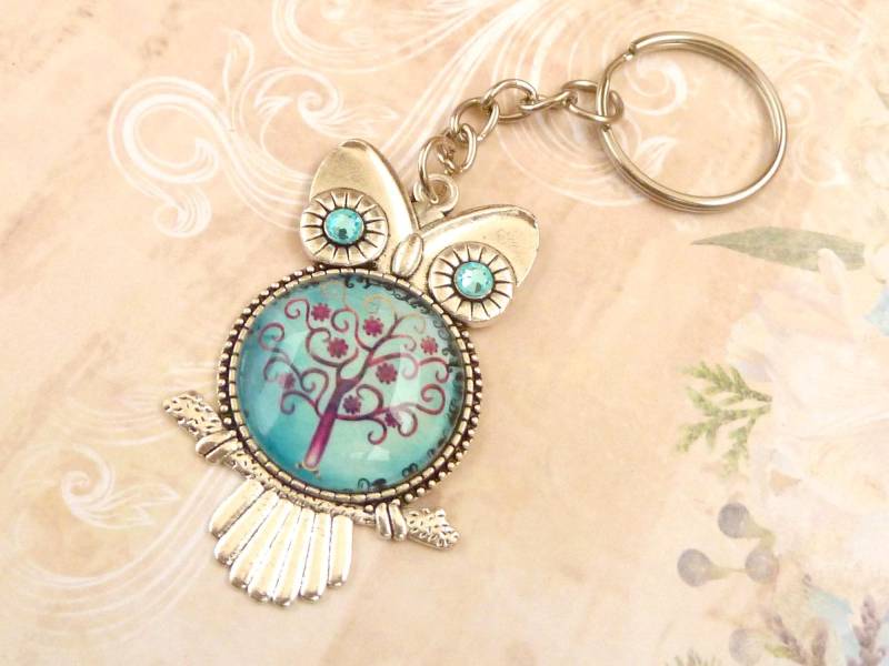 Schlüsselanhänger Mit Großem Eule Emblem Und Baum Motiv Türkis Rot Silberfarben Geschenkidee Frau Freundin Valentinstag von Schmucktruhe