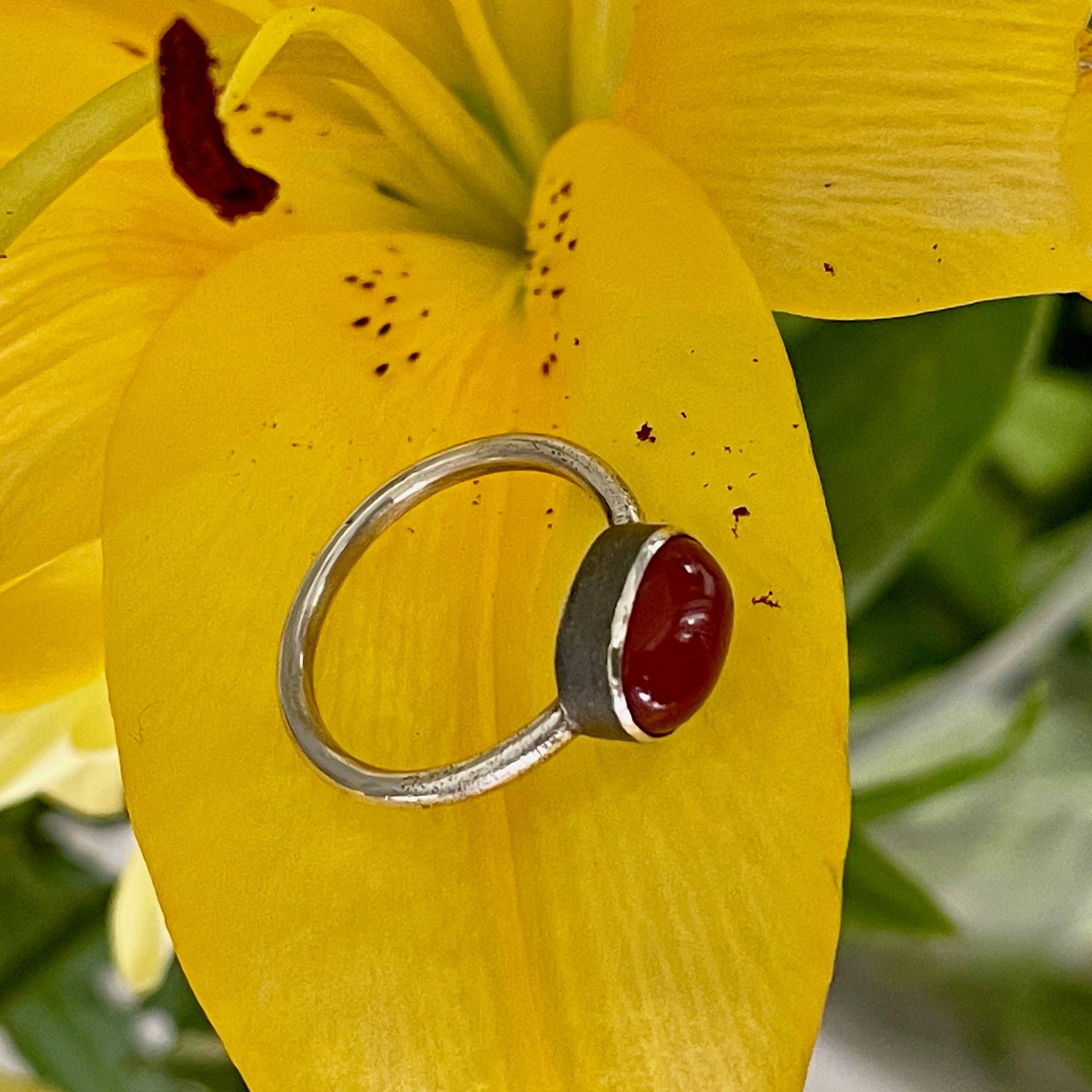 Farbenkuss Intensiv Roter Karneol Gefasst in Einer Geschwärzten Fassung Auf Einem Zarten Ring Aus 925 Silber von SchmuckundSteine