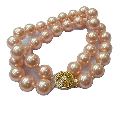 Schmuckwilli 2-reihig Perlenarmband für Damen & Mädchen - 20cm Länge mit 10mm großen rosa runden Perlen - Elegante Armband mit Muschelkernperlen MK Perlen für jeden Anlass - Perlenarmreife Frauen von Schmuckwilli