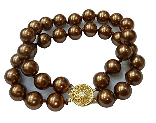 Schmuckwilli 2-reihig Perlenarmband für Damen & Mädchen - 20cm Länge mit 8mm großen braunen runden Perlen - Elegante Armband mit Muschelkernperlen MK Perlen für jeden Anlass - Perlenarmreife Frauen von Schmuckwilli