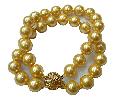 Schmuckwilli 2-reihig Perlenarmband für Damen & Mädchen - 20cm Länge mit 8mm großen golden runden Perlen - Elegante Armband mit Muschelkernperlen MK Perlen für jeden Anlass - Perlenarmreife Frauen von Schmuckwilli