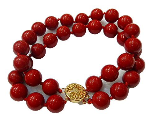 Schmuckwilli 2-reihig Perlenarmband für Damen & Mädchen - 20cm Länge mit 12mm großen roten runden Perlen - Elegante Armband mit Muschelkernperlen MK Perlen für jeden Anlass - Perlenarmreife Frauen von Schmuckwilli