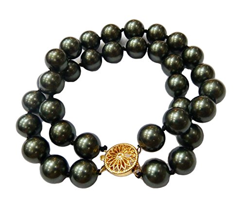 Schmuckwilli 2-reihig Perlenarmband für Damen & Mädchen - 20cm Länge mit 8mm großen schwarzen runden Perlen - Elegante Armband mit Muschelkernperlen MK Perlen für jeden Anlass - Perlenarmreife Frauen von Schmuckwilli