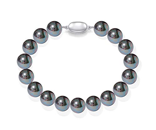 Schmuckwilli Perlenarmband für Damen & Mädchen - 20cm Länge mit 10mm großen schwarzen runden Perlen - Elegante Armband mit Muschelkernperlen MK Perlen für jeden Anlass - die Perlenarmreife für Frauen von Schmuckwilli