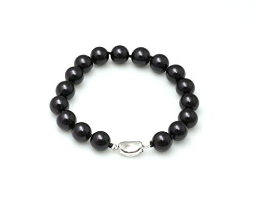 Schmuckwilli Perlenarmband für Damen & Mädchen - 20cm Länge mit 10mm großen schwarzen runden Perlen - Elegante Armband mit Muschelkernperlen MK Perlen für jeden Anlass - die Perlenarmreife für Frauen von Schmuckwilli