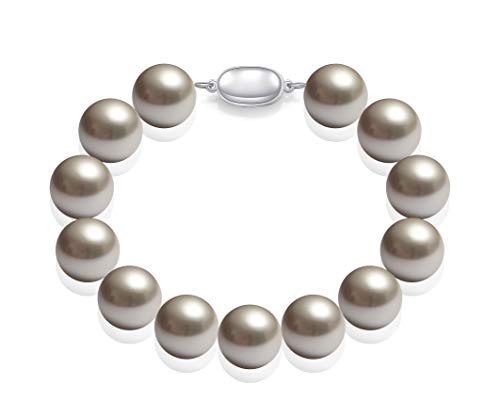 Schmuckwilli Perlenarmband für Damen & Mädchen - 20cm Länge mit 12mm großen grauen runden Perlen - Elegante Armband mit Muschelkernperlen MK Perlen für jeden Anlass - die Perlenarmreife für Frauen von Schmuckwilli