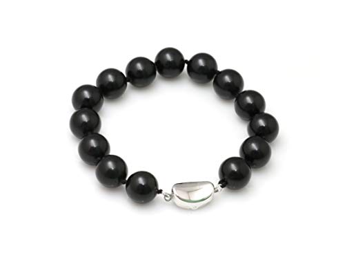 Schmuckwilli Perlenarmband für Damen & Mädchen - 20cm Länge mit 12mm großen schwarzen runden Perlen - Elegante Armband mit Muschelkernperlen MK Perlen für jeden Anlass - die Perlenarmreife für Frauen von Schmuckwilli