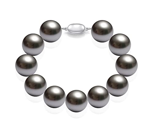 Schmuckwilli Perlenarmband für Damen & Mädchen - 20cm Länge mit 16mm großen grauen runden Perlen - Elegante Armband mit Muschelkernperlen MK Perlen für jeden Anlass - die Perlenarmreife für Frauen von Schmuckwilli