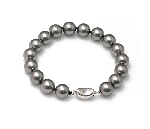Schmuckwilli Perlenarmband für Damen & Mädchen - 20cm Länge mit 10mm großen grauen runden Perlen - Elegante Armband mit Muschelkernperlen MK Perlen für jeden Anlass - die Perlenarmreife für Frauen von Schmuckwilli