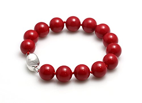 Schmuckwilli Perlenarmband für Damen & Mädchen - 20cm Länge mit 12mm großen roten runden Perlen - Elegante Armband mit Muschelkernperlen MK Perlen für jeden Anlass - die Perlenarmreife für Frauen von Schmuckwilli