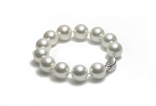 Schmuckwilli Perlenarmband für Damen & Mädchen - 20cm Länge mit 14mm großen weißen runden Perlen - Elegante Armband mit Muschelkernperlen MK Perlen für jeden Anlass - die Perlenarmreife für Frauen von Schmuckwilli