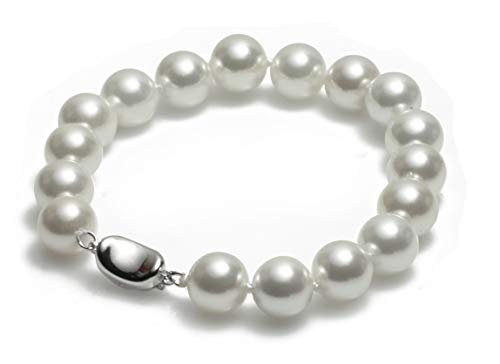 Schmuckwilli Perlenarmband für Damen & Mädchen - 20cm Länge mit 10mm großen weißen runden Perlen - Elegante Armband mit Muschelkernperlen MK Perlen für jeden Anlass - die Perlenarmreife für Frauen von Schmuckwilli