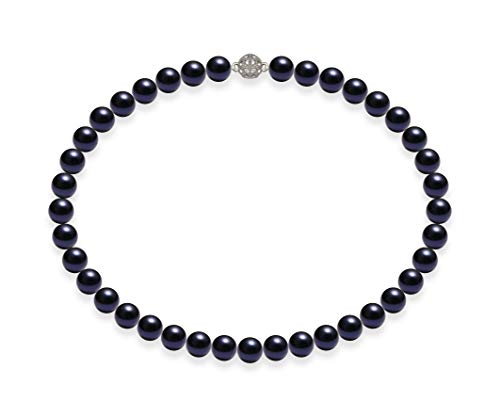 Schmuckwilli Perlenkette für Damen Magnetverschluß - 42cm Länge mit 10mm großen dunkel blauen runden Mallorca Perlen - Muschelkernperlen Kette für jeden Anlass - die Halskette Pearl Necklace für Frau von Schmuckwilli