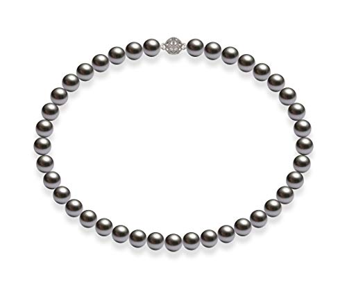 Schmuckwilli Perlenkette für Damen Magnetverschluß - 42cm Länge mit 10mm großen dunkel grauen runden Mallorca Perlen - Muschelkernperlen Kette für jeden Anlass - die Halskette Pearl Necklace für Frau von Schmuckwilli