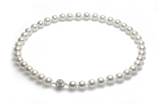 Schmuckwilli Perlenkette für Damen Magnetverschluß - 42cm Länge mit 10mm großen weißen runden Mallorca Perlen - Muschelkernperlen Kette für jeden Anlass - die Halskette Pearl Necklace für Frauen von Schmuckwilli