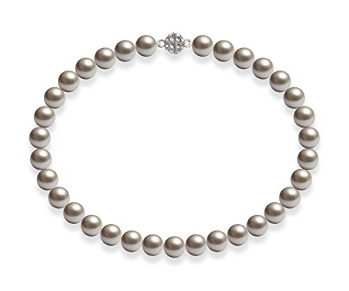 Schmuckwilli Perlenkette für Damen Magnetverschluß - 42cm Länge mit 12mm großen hell grauen runden Mallorca Perlen - Muschelkernperlen Kette für jeden Anlass - die Halskette Pearl Necklace für Frauen von Schmuckwilli