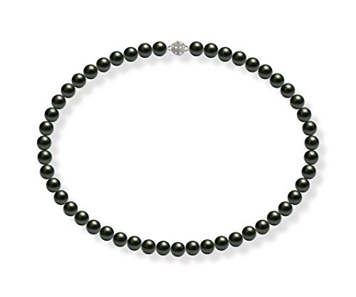 Schmuckwilli Perlenkette für Damen Magnetverschluß - 42cm Länge mit 8mm großen schwarzen runden Mallorca Perlen - Muschelkernperlen Kette für jeden Anlass - die Halskette Pearl Necklace für Frauen von Schmuckwilli
