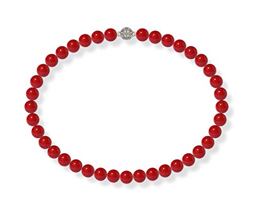 Schmuckwilli Perlenkette für Damen Magnetverschluß - 45cm Länge mit 10mm großen roten runden Mallorca Perlen - Muschelkernperlen Kette für jeden Anlass - die Halskette Pearl Necklace für Frauen von Schmuckwilli