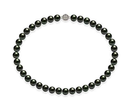 Schmuckwilli Perlenkette für Damen Magnetverschluß - 45cm Länge mit 10mm großen schwarzen runden Mallorca Perlen - Muschelkernperlen Kette für jeden Anlass - die Halskette Pearl Necklace für Frauen von Schmuckwilli