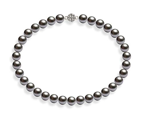 Schmuckwilli Perlenkette für Damen Magnetverschluß - 45cm Länge mit 12mm großen dunkel grauen runden Mallorca Perlen - Muschelkernperlen Kette für jeden Anlass - die Halskette Pearl Necklace für Frau von Schmuckwilli