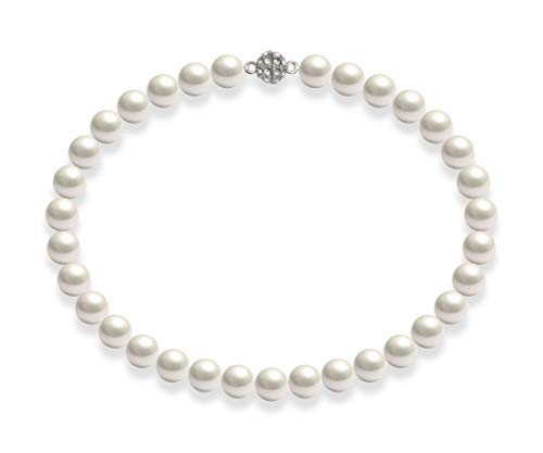 Schmuckwilli Perlenkette für Damen Magnetverschluß - 45cm Länge mit 12mm großen weißen runden Mallorca Perlen - Muschelkernperlen Kette für jeden Anlass - die Halskette Pearl Necklace für Frauen von Schmuckwilli